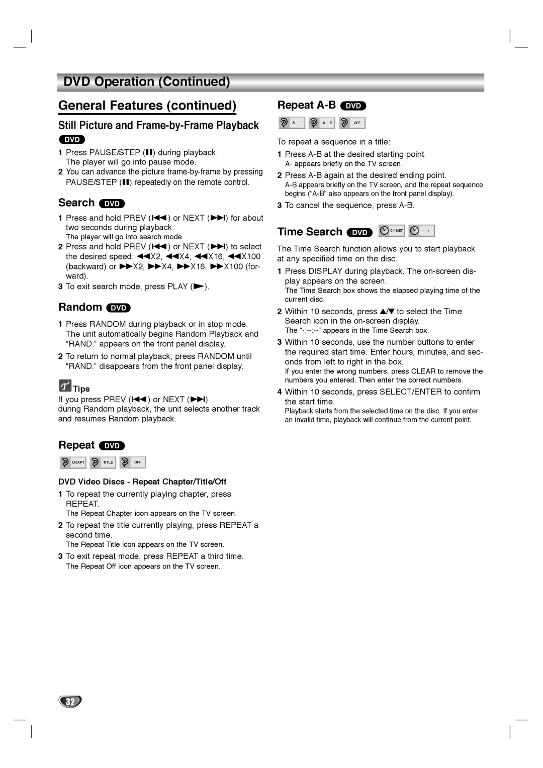 Dolby Laboratories HT2030 manual DVD Operation General Features 