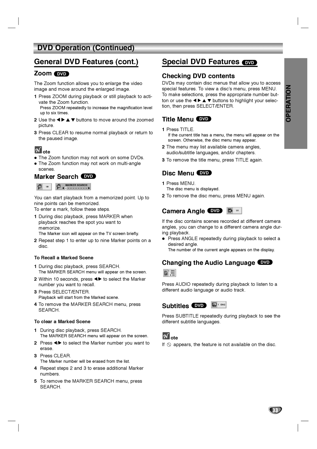 Dolby Laboratories HT2030 manual DVD Operation General DVD Features, Special DVD Features DVD 