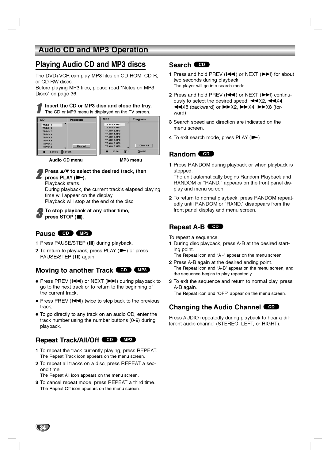 Dolby Laboratories HT2030 manual Audio CD and MP3 Operation Playing Audio CD and MP3 discs 