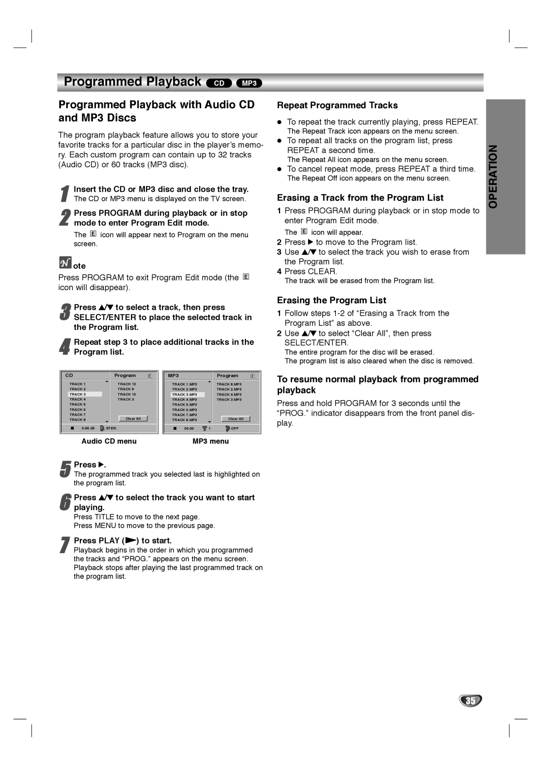 Dolby Laboratories HT2030 manual Programmed Playback CD MP3, Programmed Playback with Audio CD and MP3 Discs 