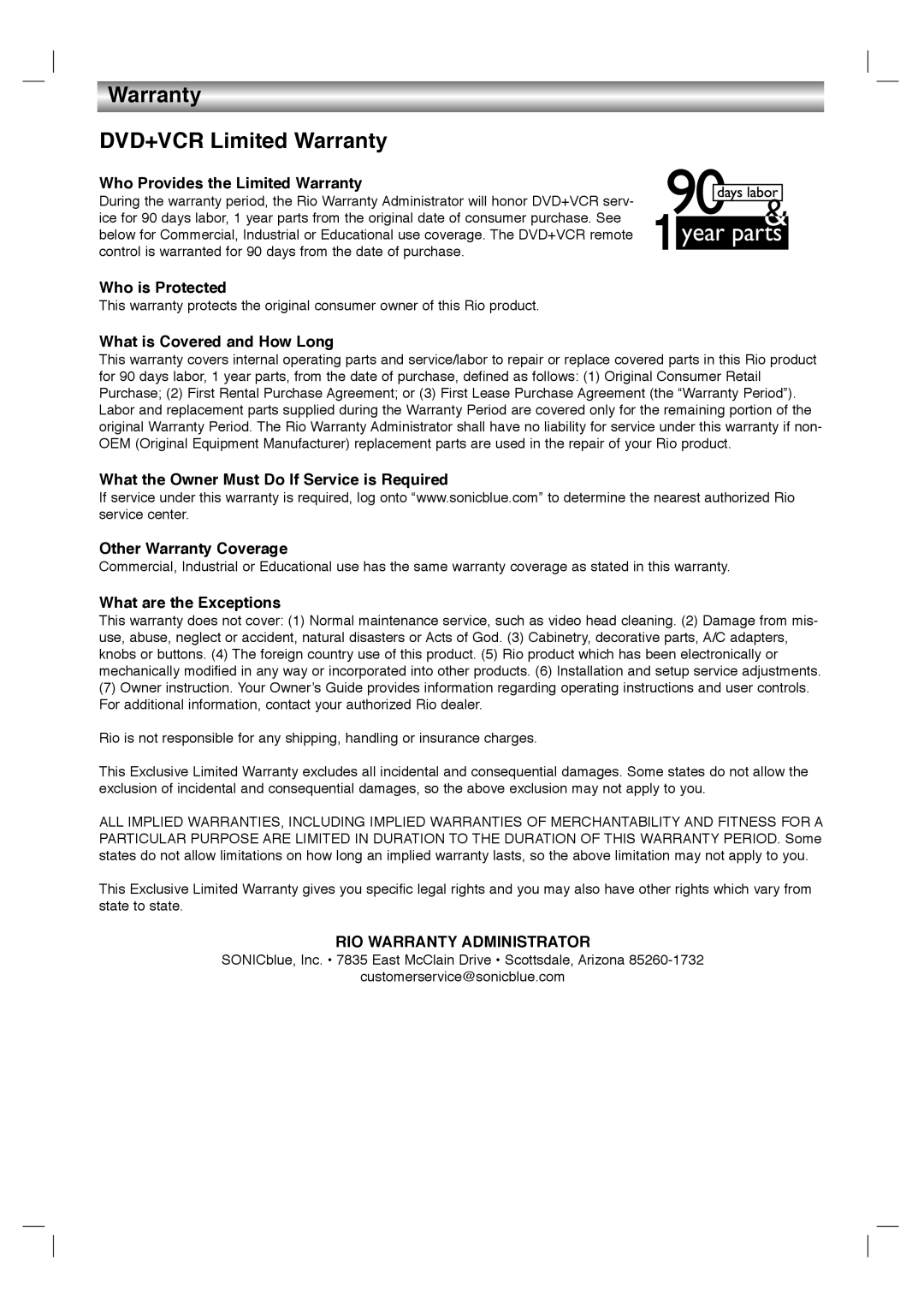 Dolby Laboratories HT2030 manual Warranty DVD+VCR Limited Warranty, Who Provides the Limited Warranty, Who is Protected 