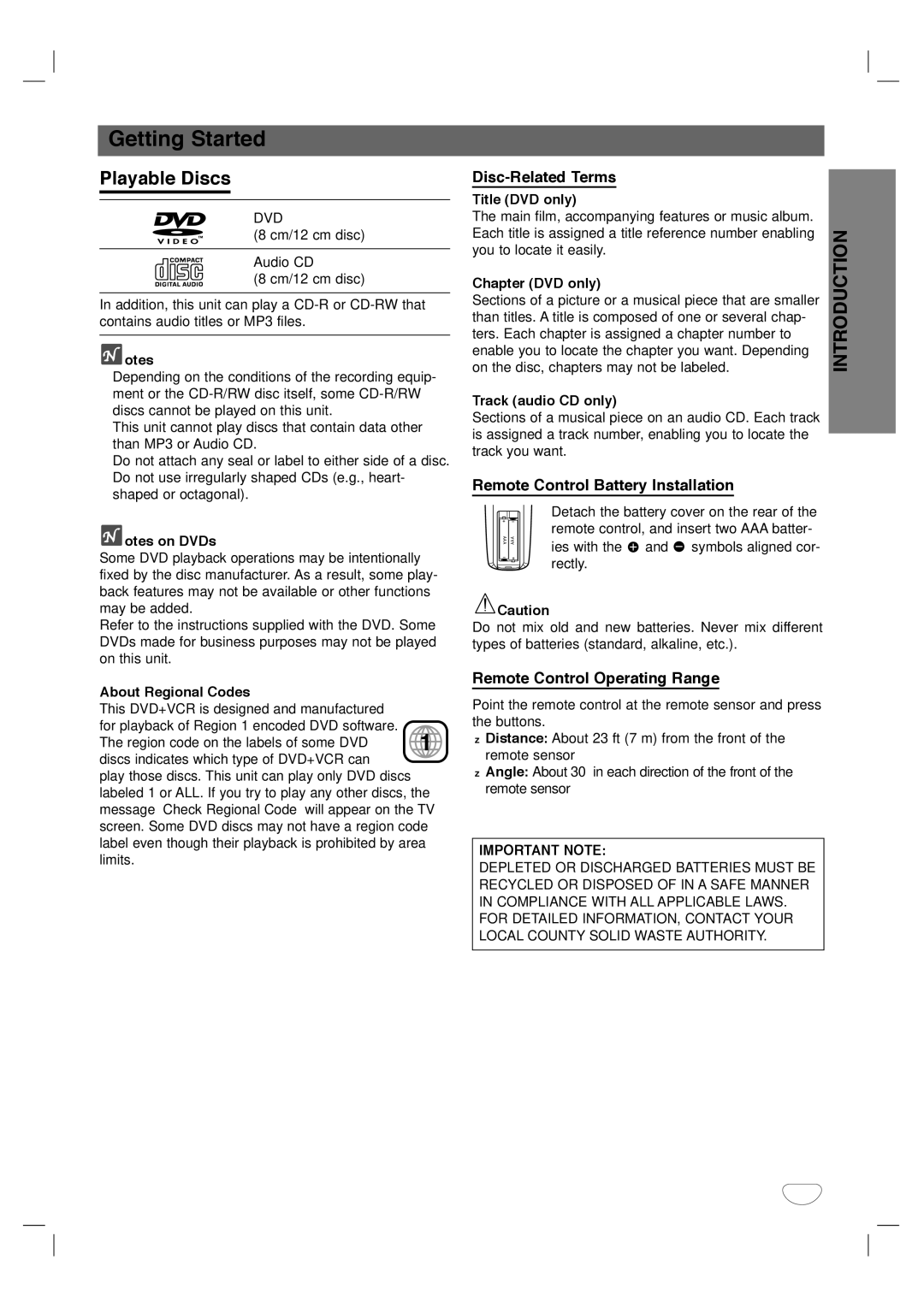 Dolby Laboratories HT2030 manual Getting Started, Playable Discs, Disc-Related Terms, Remote Control Battery Installation 