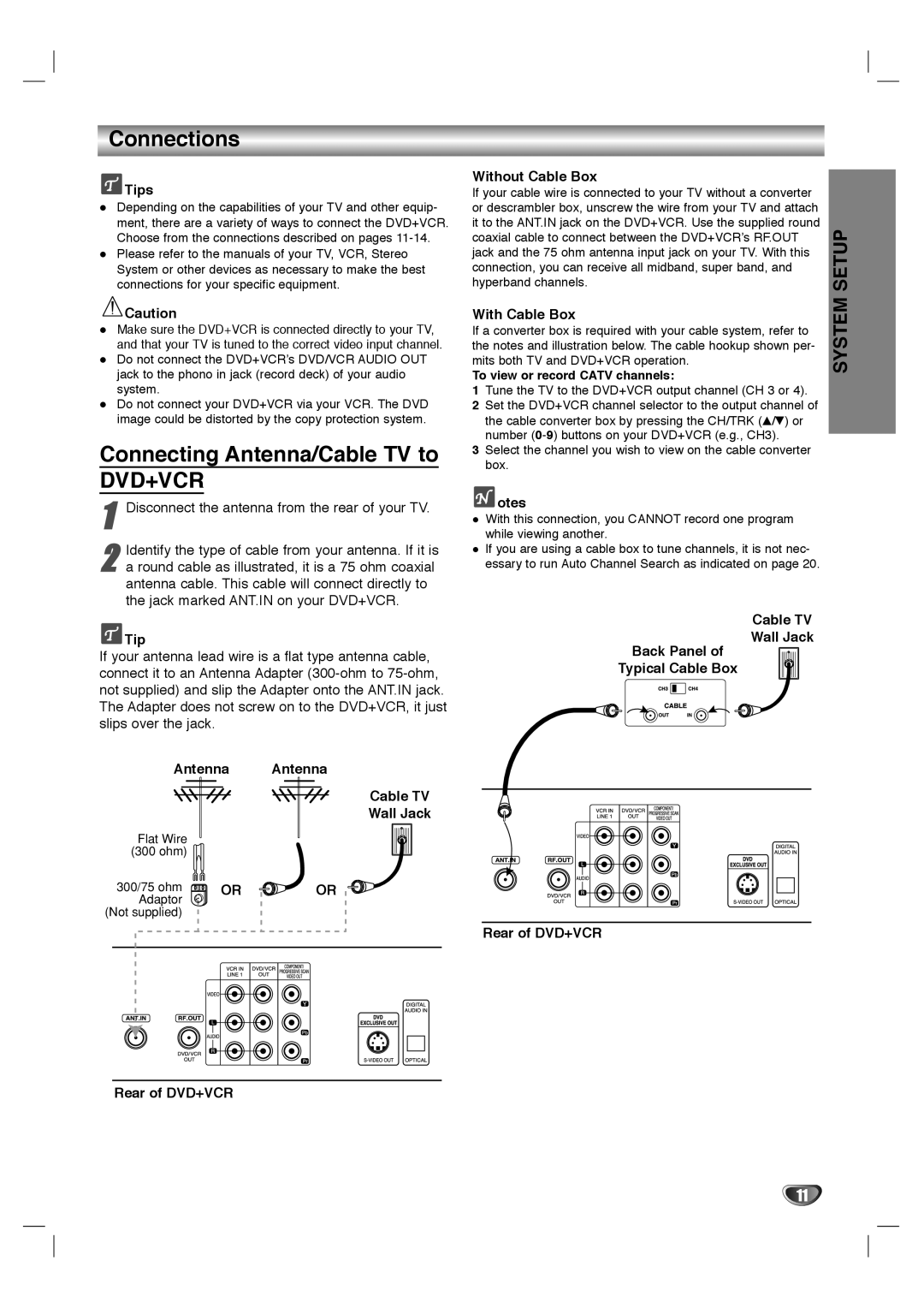 Dolby Laboratories HT2030 manual Connections, Connecting Antenna/Cable TV to DVD+VCR, System Setup 