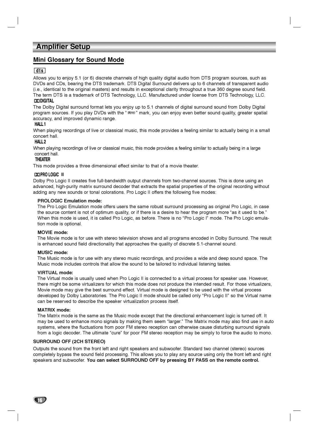 Dolby Laboratories HT2030 manual Amplifier Setup, Mini Glossary for Sound Mode 