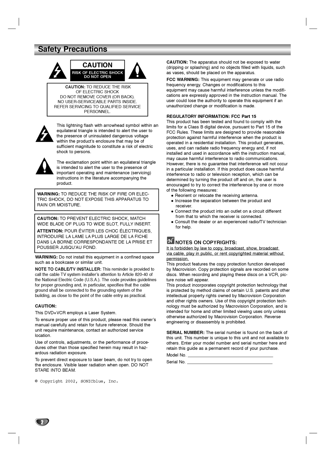 Dolby Laboratories HT2030 manual Safety Precautions, Notes On Copyrights, REGULATORY INFORMATION FCC Part 