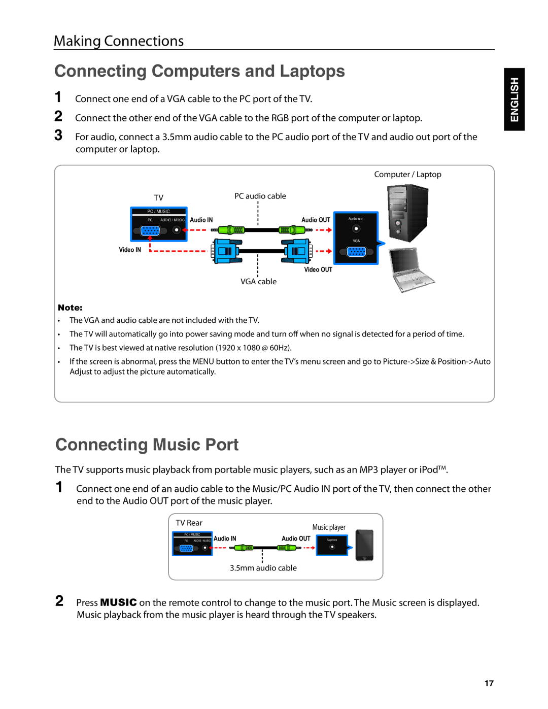 Dolby Laboratories JLE42BC3500 user manual Connecting Computers and Laptops, Connecting Music Port 