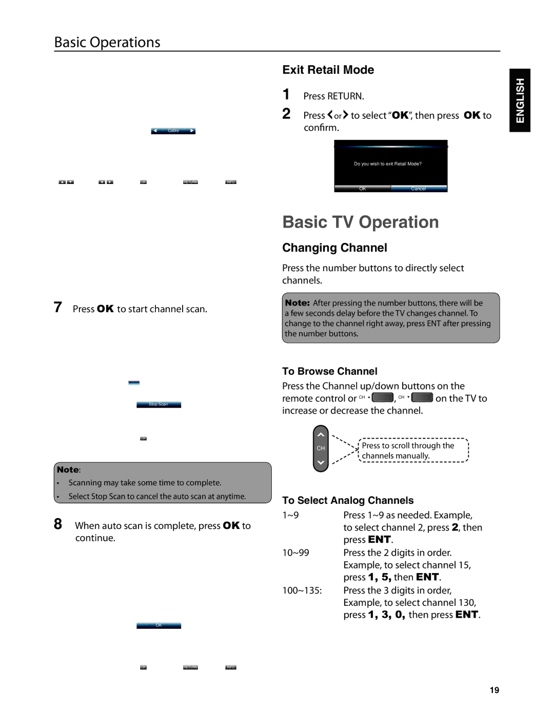 Dolby Laboratories JLE42BC3500 user manual Basic TV Operation, Exit Retail Mode, Changing Channel, To Browse Channel 