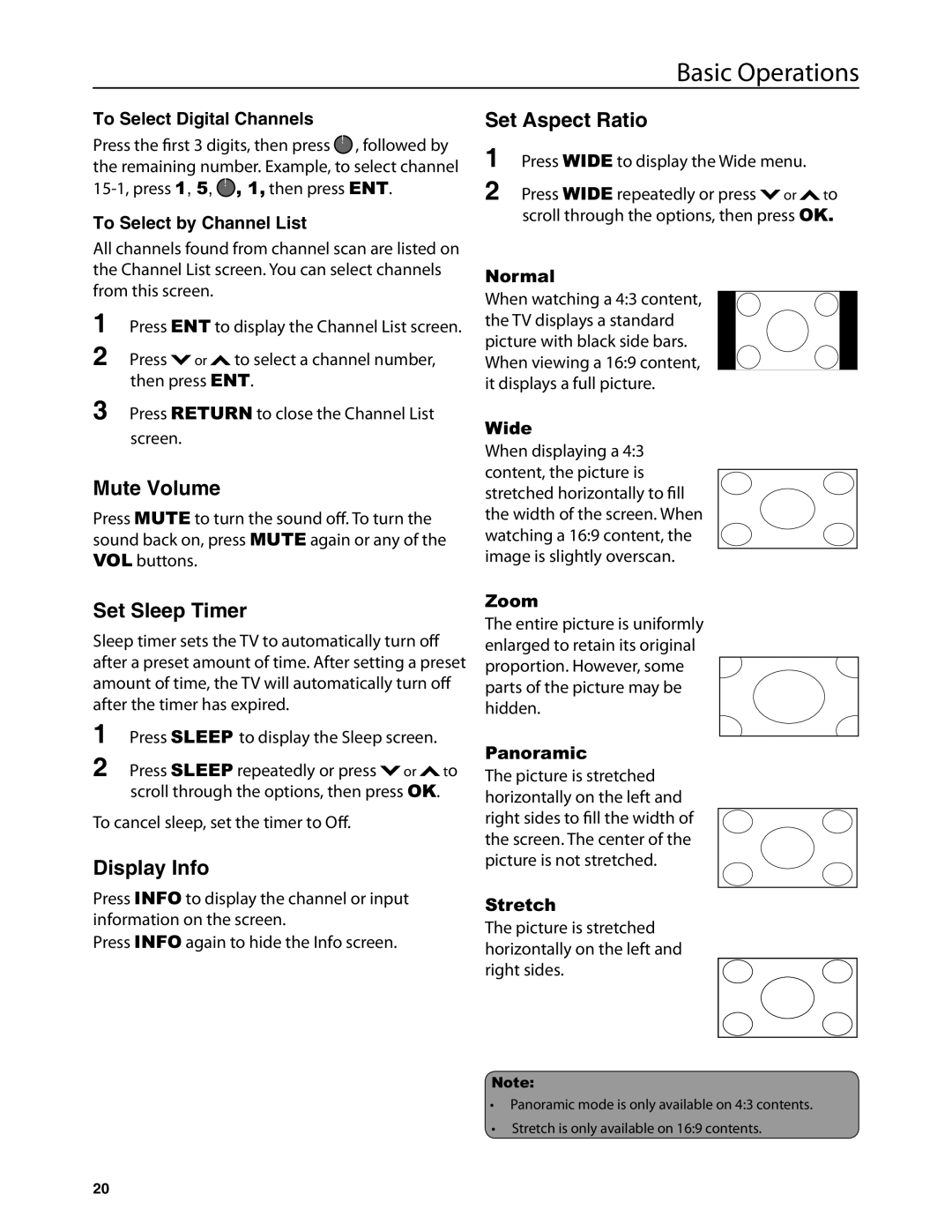 Dolby Laboratories JLE42BC3500 user manual Mute Volume, Set Sleep Timer, Display Info, Set Aspect Ratio 