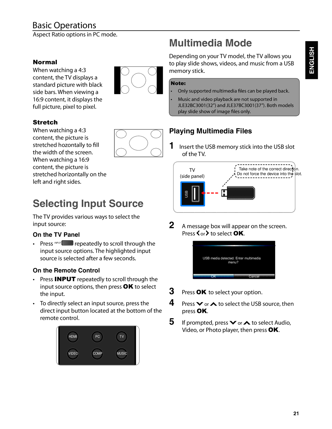 Dolby Laboratories JLE42BC3500 Multimedia Mode, Selecting Input Source, Playing Multimedia Files, On the TV Panel 