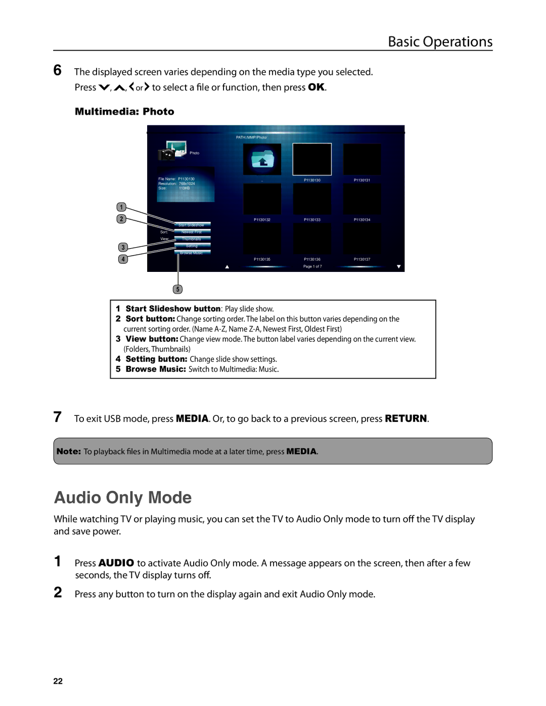 Dolby Laboratories JLE42BC3500 user manual Audio Only Mode, Multimedia Photo 