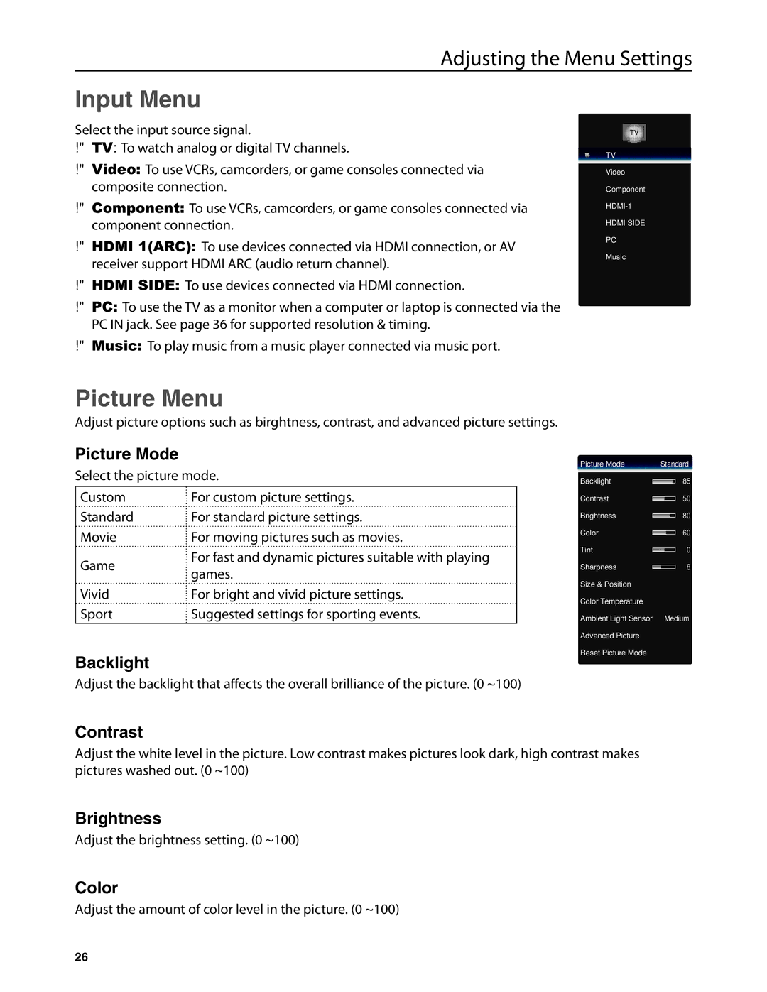 Dolby Laboratories JLE42BC3500 user manual Input Menu, Picture Menu 