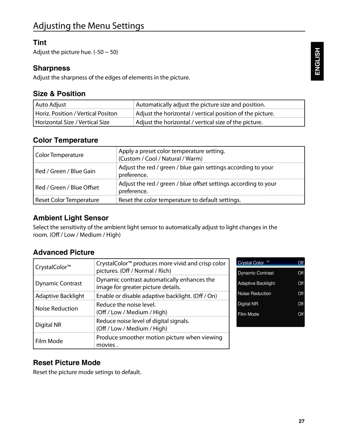 Dolby Laboratories JLE42BC3500 Tint, Sharpness, Size & Position, Color Temperature, Ambient Light Sensor, Advanced Picture 