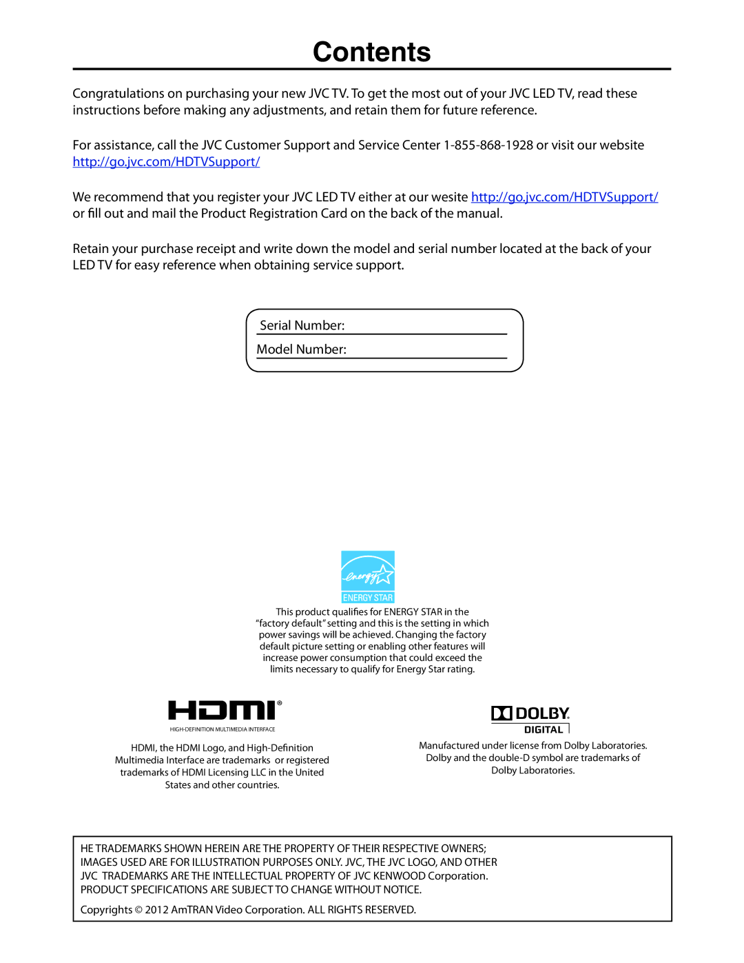 Dolby Laboratories JLE42BC3500 user manual Contents 