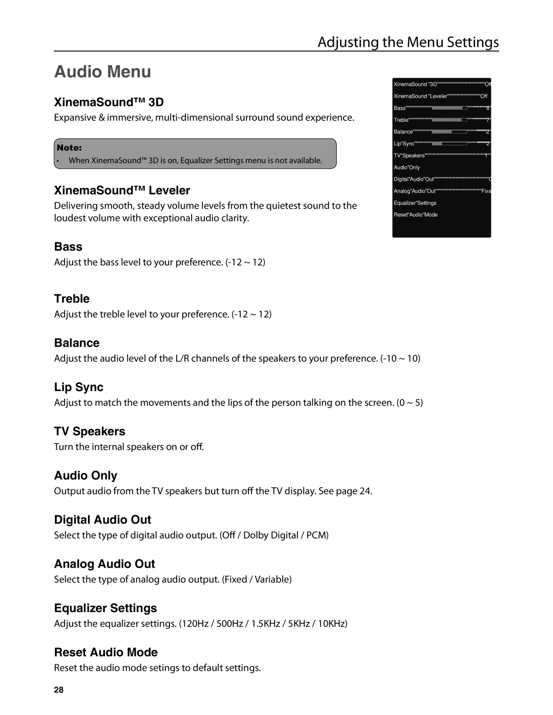 Dolby Laboratories JLE42BC3500 user manual Audio Menu 