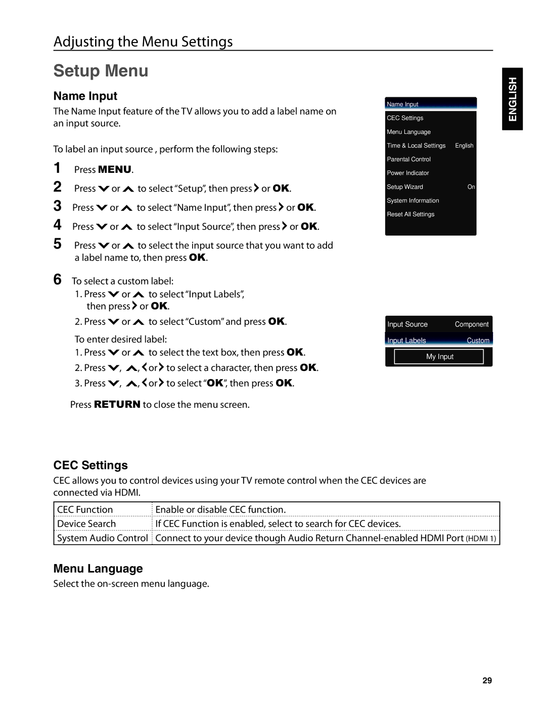 Dolby Laboratories JLE42BC3500 user manual Setup Menu, Name Input, CEC Settings, Menu Language 