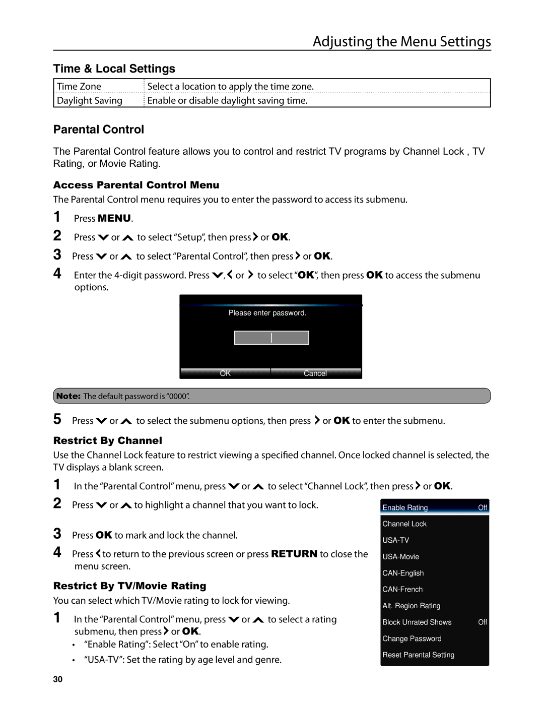 Dolby Laboratories JLE42BC3500 user manual Time & Local Settings, Access Parental Control Menu, Restrict By Channel 