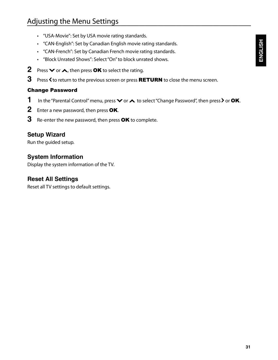 Dolby Laboratories JLE42BC3500 user manual Setup Wizard, System Information, Reset All Settings, Change Password 