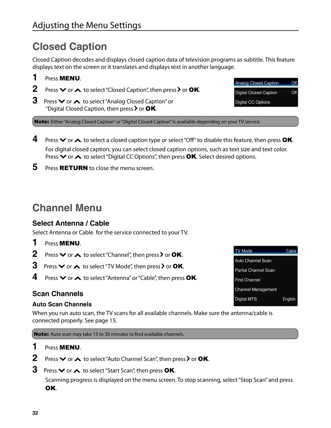 Dolby Laboratories JLE42BC3500 user manual Closed Caption, Channel Menu, Select Antenna / Cable, Auto Scan Channels 