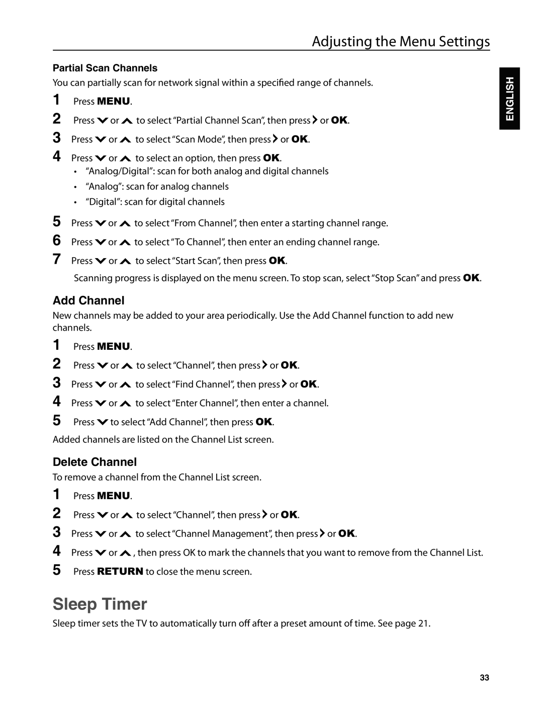 Dolby Laboratories JLE42BC3500 user manual Sleep Timer, Add Channel, Delete Channel, Partial Scan Channels 