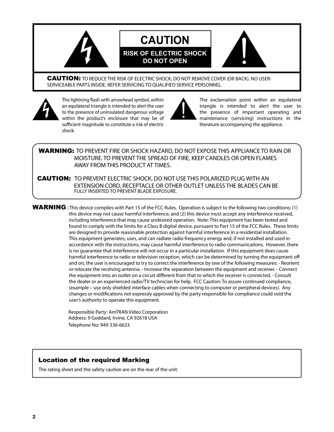 Dolby Laboratories JLE42BC3500 user manual Risk of Electric Shock Do not Open, Location of the required Marking 