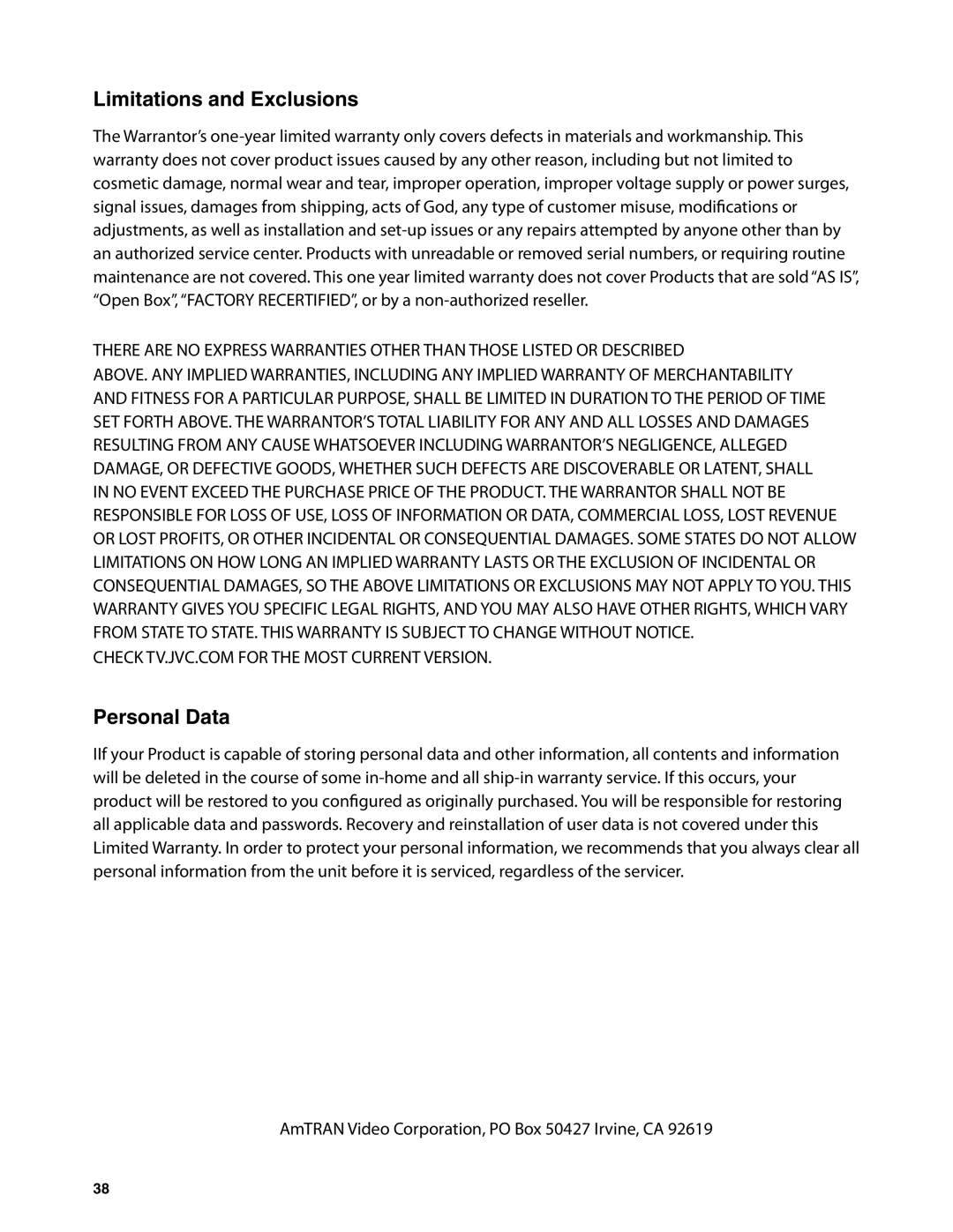 Dolby Laboratories JLE42BC3500 user manual Limitations and Exclusions, Personal Data 