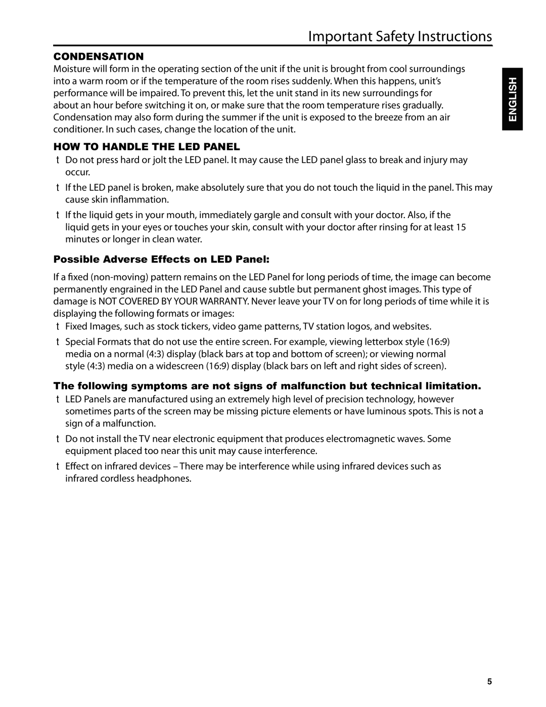 Dolby Laboratories JLE42BC3500 user manual Condensation, Possible Adverse Effects on LED Panel 