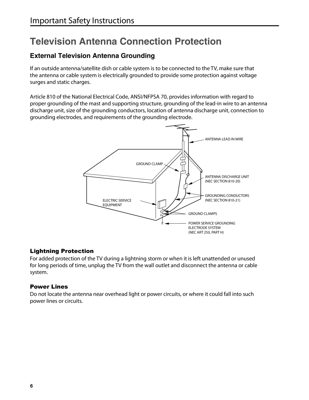 Dolby Laboratories JLE42BC3500 user manual Television Antenna Connection Protection, External Television Antenna Grounding 