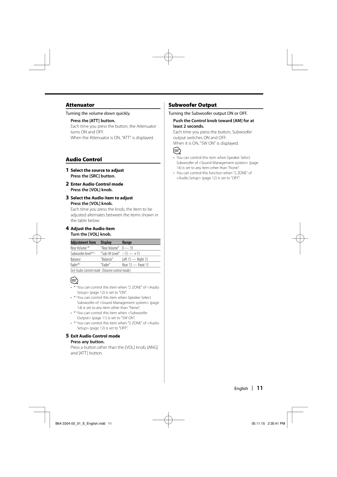 Dolby Laboratories KDC-W8534 instruction manual Attenuator, Audio Control, Subwoofer Output 