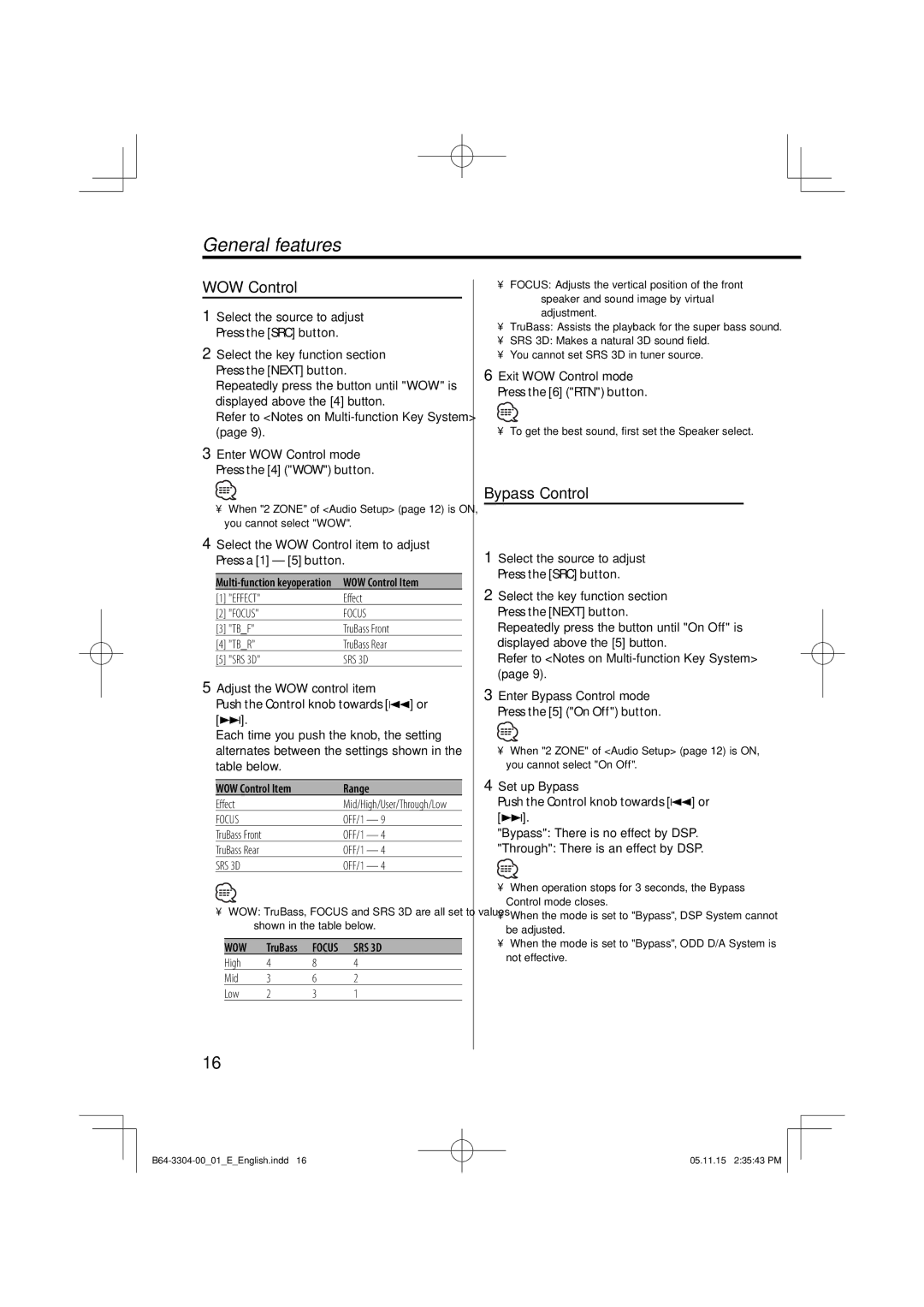 Dolby Laboratories KDC-W8534 instruction manual WOW Control, Bypass Control 