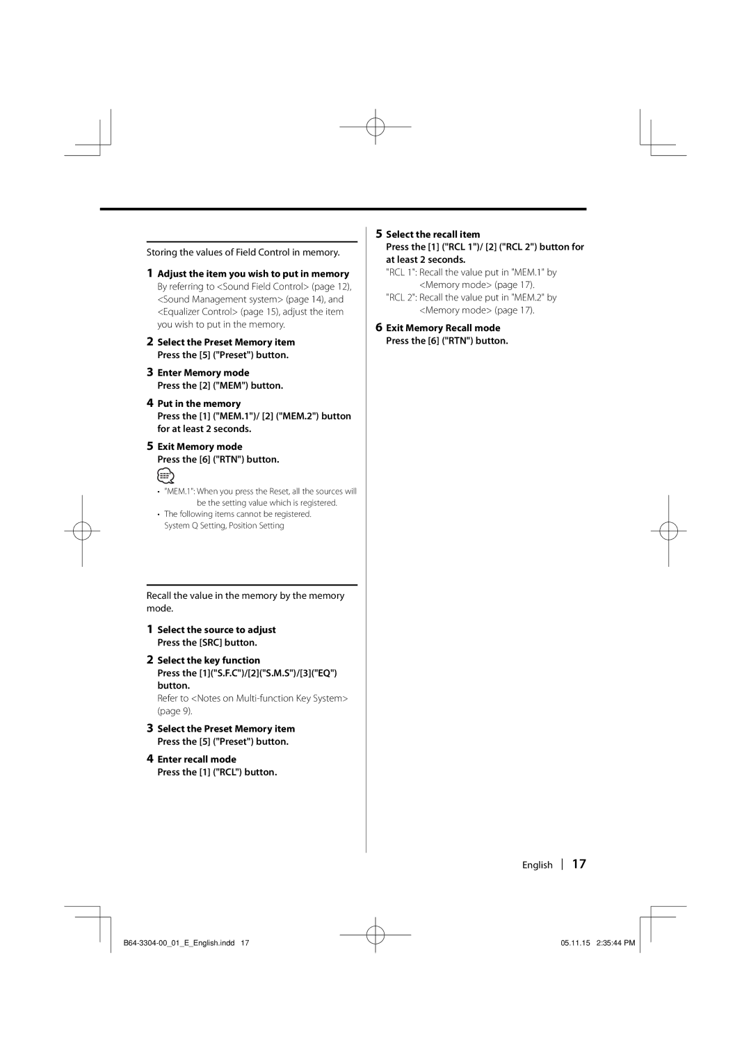 Dolby Laboratories KDC-W8534 Memory mode, Memory Recall mode, Storing the values of Field Control in memory 