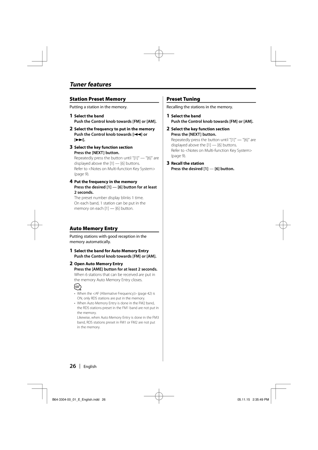 Dolby Laboratories KDC-W8534 instruction manual Station Preset Memory, Auto Memory Entry, Preset Tuning 