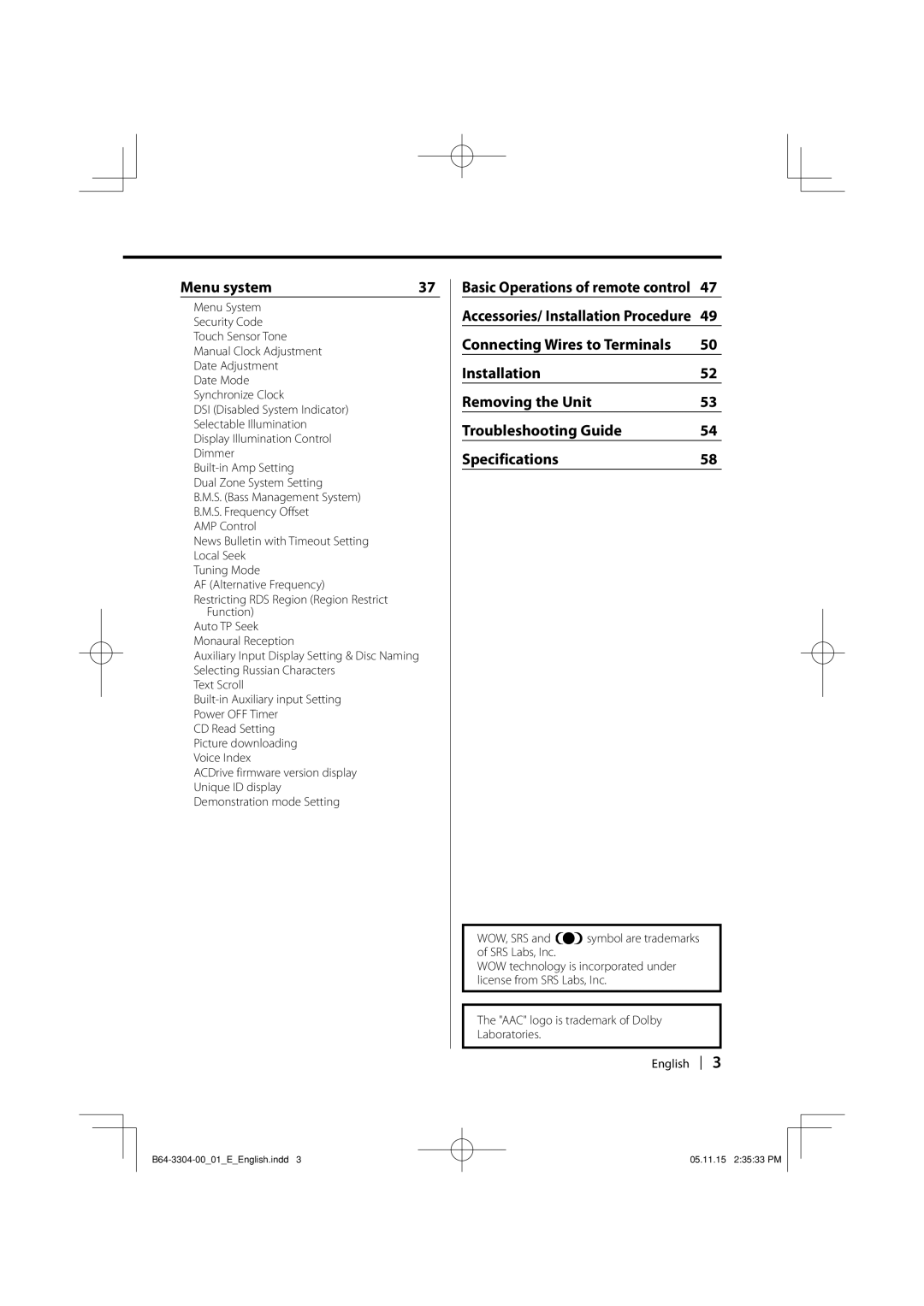 Dolby Laboratories KDC-W8534 instruction manual Menu system, Date Mode Synchronize Clock, Auto TP Seek Monaural Reception 