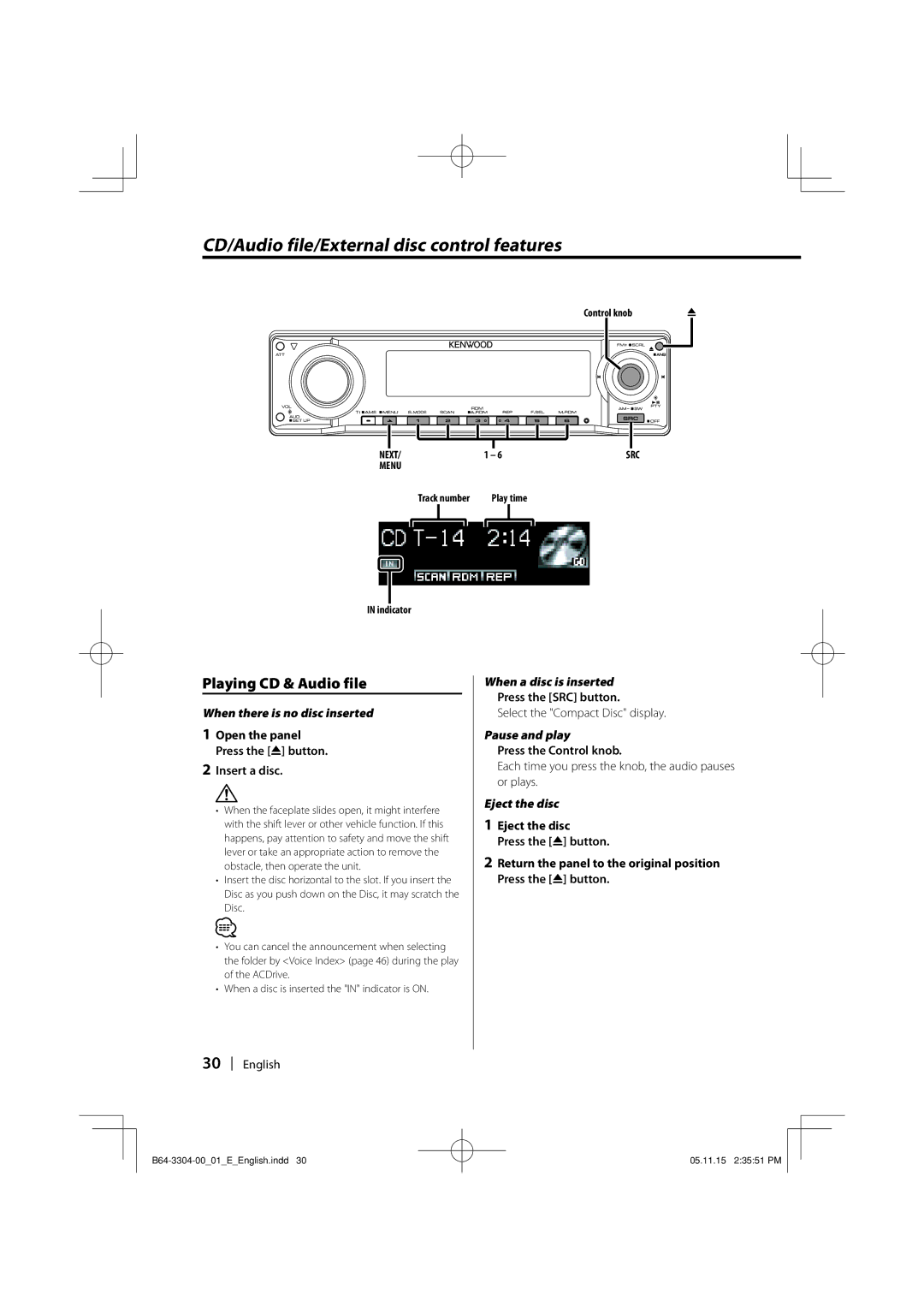 Dolby Laboratories KDC-W8534 instruction manual CD/Audio file/External disc control features, Playing CD & Audio file 