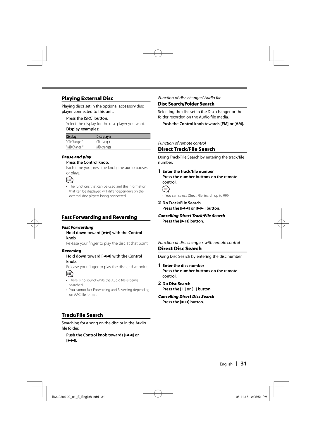 Dolby Laboratories KDC-W8534 Playing External Disc, Fast Forwarding and Reversing, Track/File Search, Direct Disc Search 