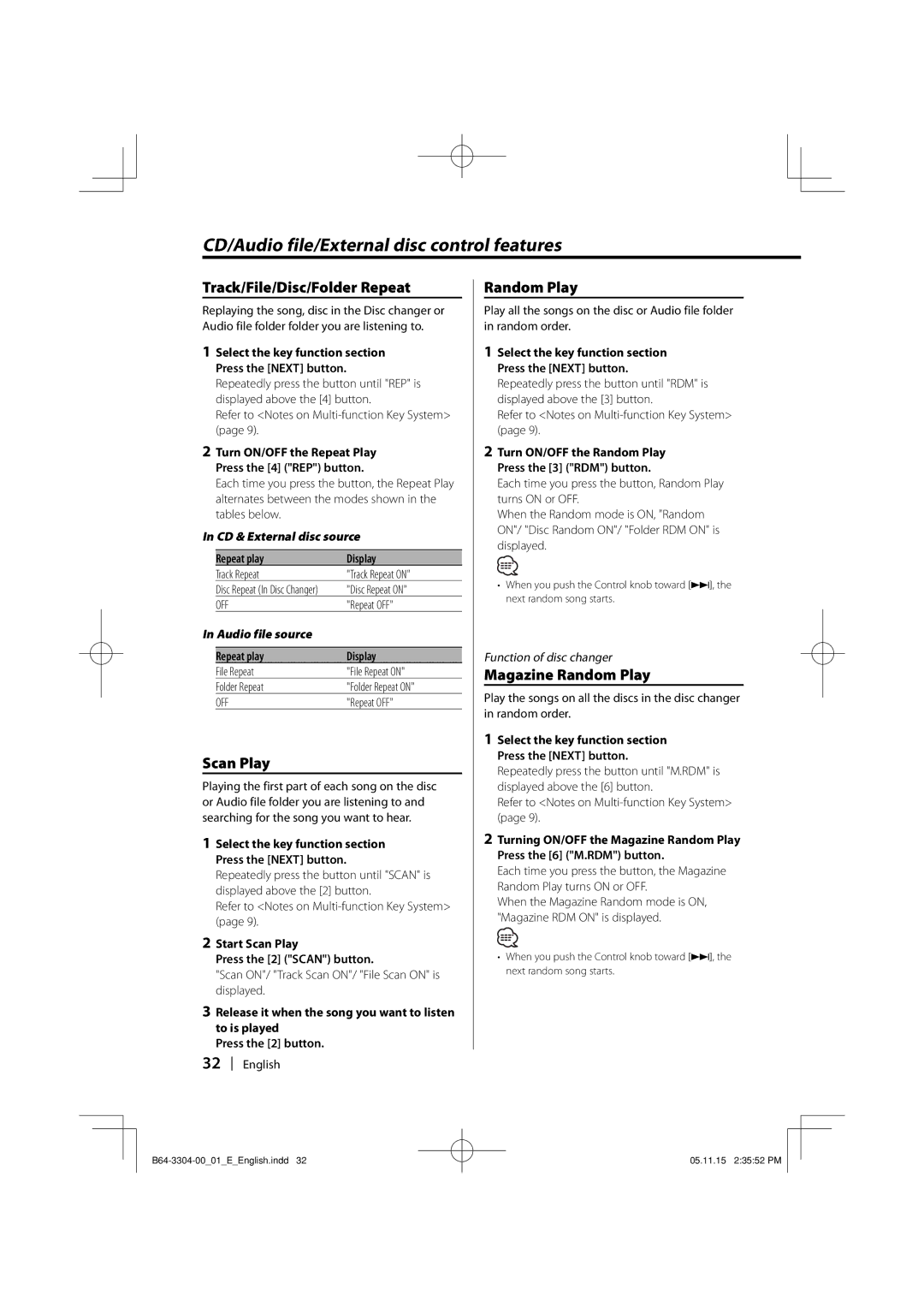 Dolby Laboratories KDC-W8534 instruction manual Track/File/Disc/Folder Repeat, Scan Play, Magazine Random Play 