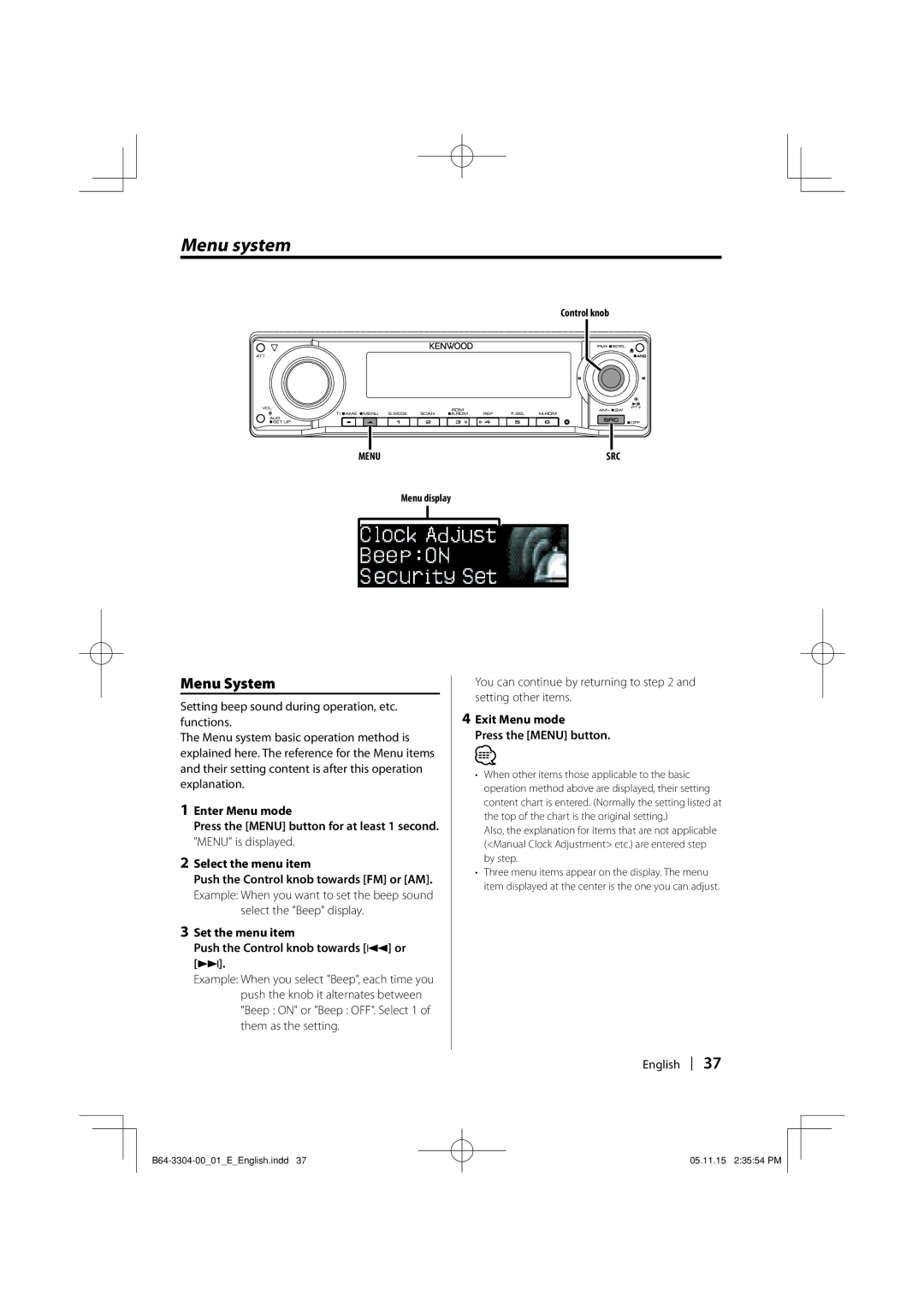 Dolby Laboratories KDC-W8534 Menu system, Select the Beep display, Set the menu item Push the Control knob towards 4 or ¢ 