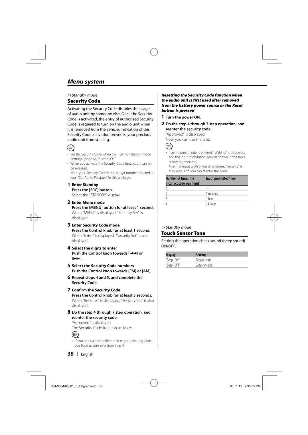 Dolby Laboratories KDC-W8534 Security Code, Touch Sensor Tone, Enter Standby, Turn the power on, Display Setting 