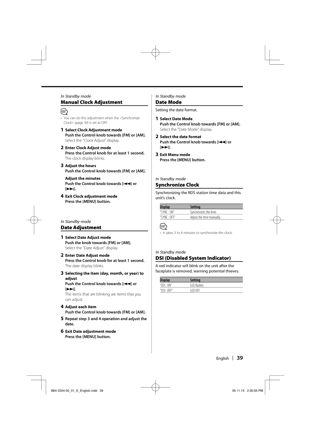 Dolby Laboratories KDC-W8534 instruction manual Manual Clock Adjustment, Date Adjustment, Date Mode, Synchronize Clock 