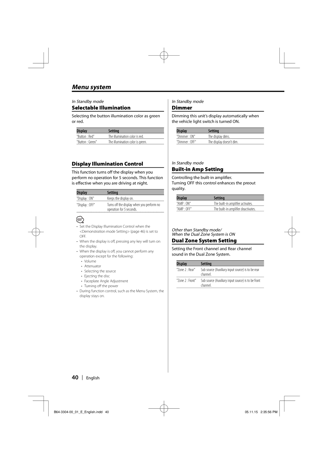 Dolby Laboratories KDC-W8534 Selectable Illumination, Display Illumination Control, Dimmer, Built-in Amp Setting 