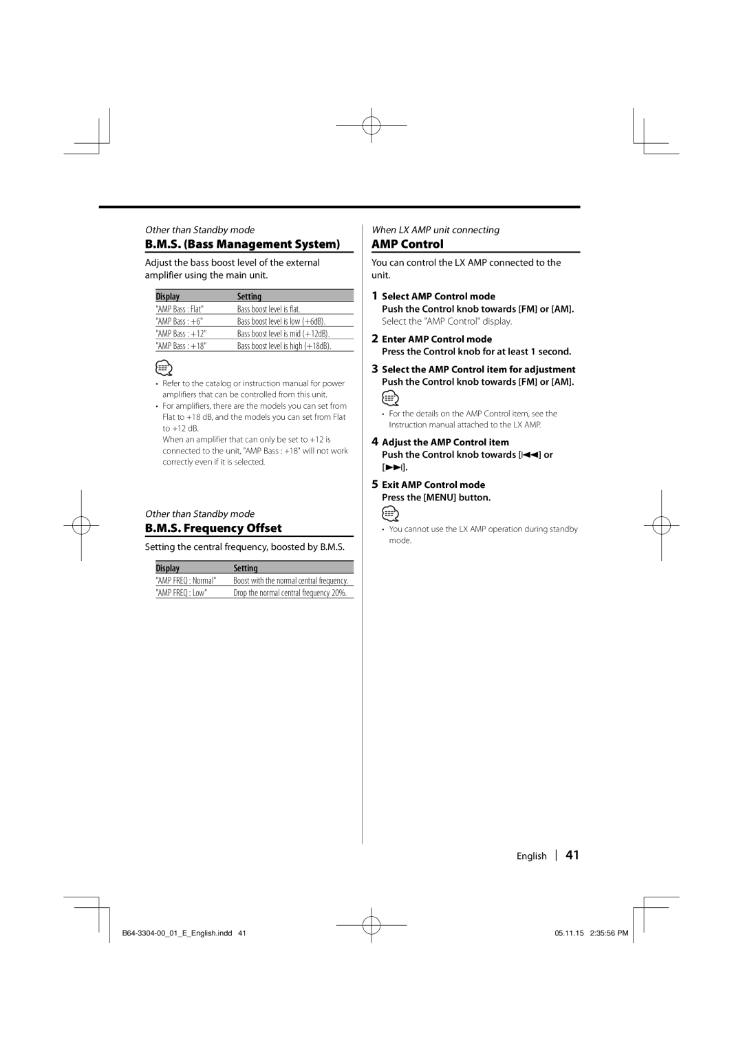 Dolby Laboratories KDC-W8534 instruction manual S. Bass Management System, S. Frequency Offset, AMP Control 