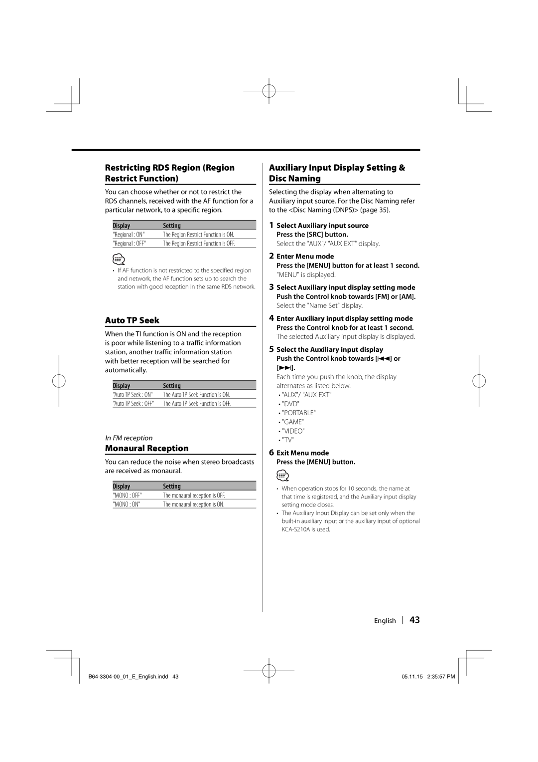 Dolby Laboratories KDC-W8534 Restricting RDS Region Region Restrict Function, Auto TP Seek, Monaural Reception 