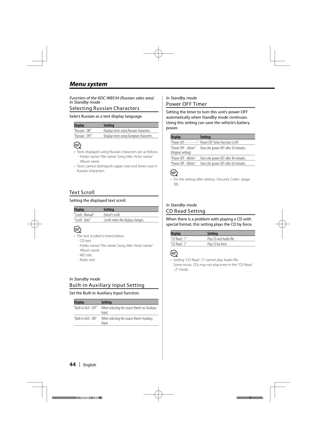 Dolby Laboratories KDC-W8534 Selecting Russian Characters, Text Scroll, Built-in Auxiliary input Setting, Power OFF Timer 