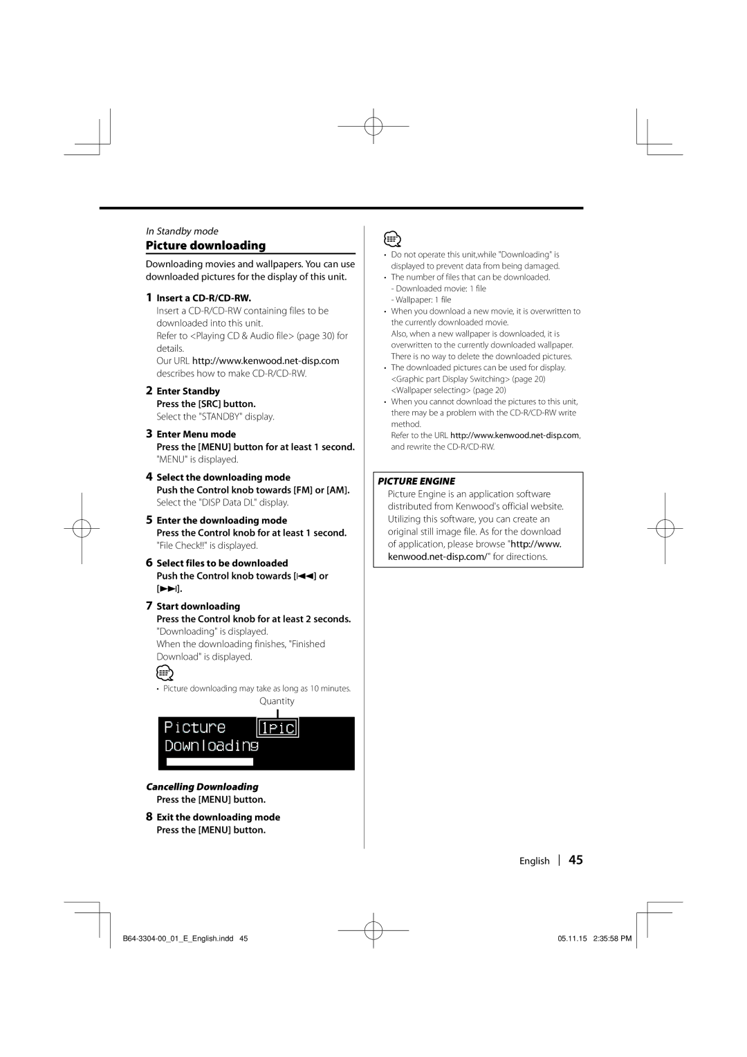 Dolby Laboratories KDC-W8534 instruction manual Picture downloading, Insert a CD-R/CD-RW, Quantity, Cancelling Downloading 