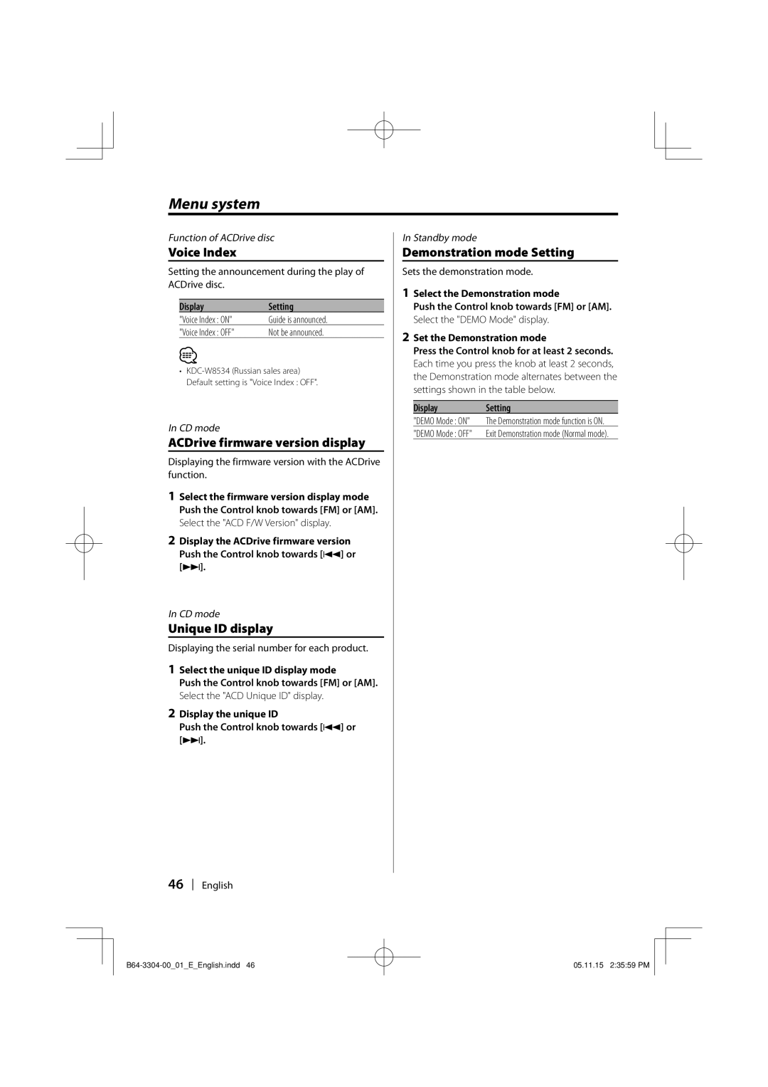 Dolby Laboratories KDC-W8534 Voice Index, ACDrive firmware version display, Unique ID display, Demonstration mode Setting 