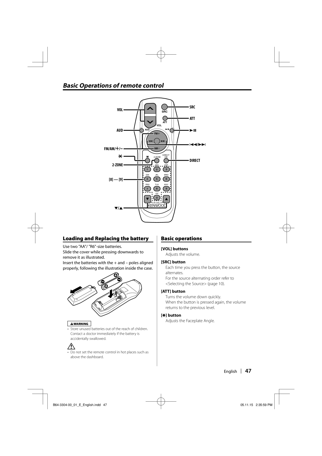 Dolby Laboratories KDC-W8534 Basic Operations of remote control, Loading and Replacing the battery, Basic operations 