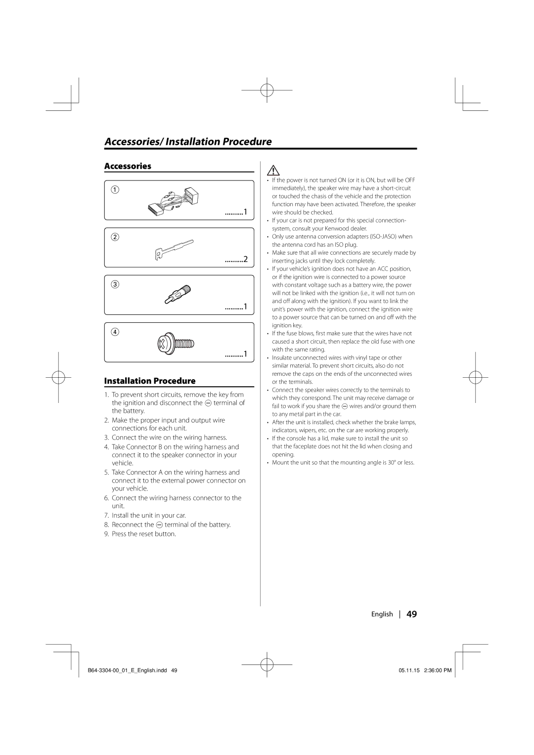 Dolby Laboratories KDC-W8534 instruction manual Accessories/ Installation Procedure, Accessories Installation Procedure 