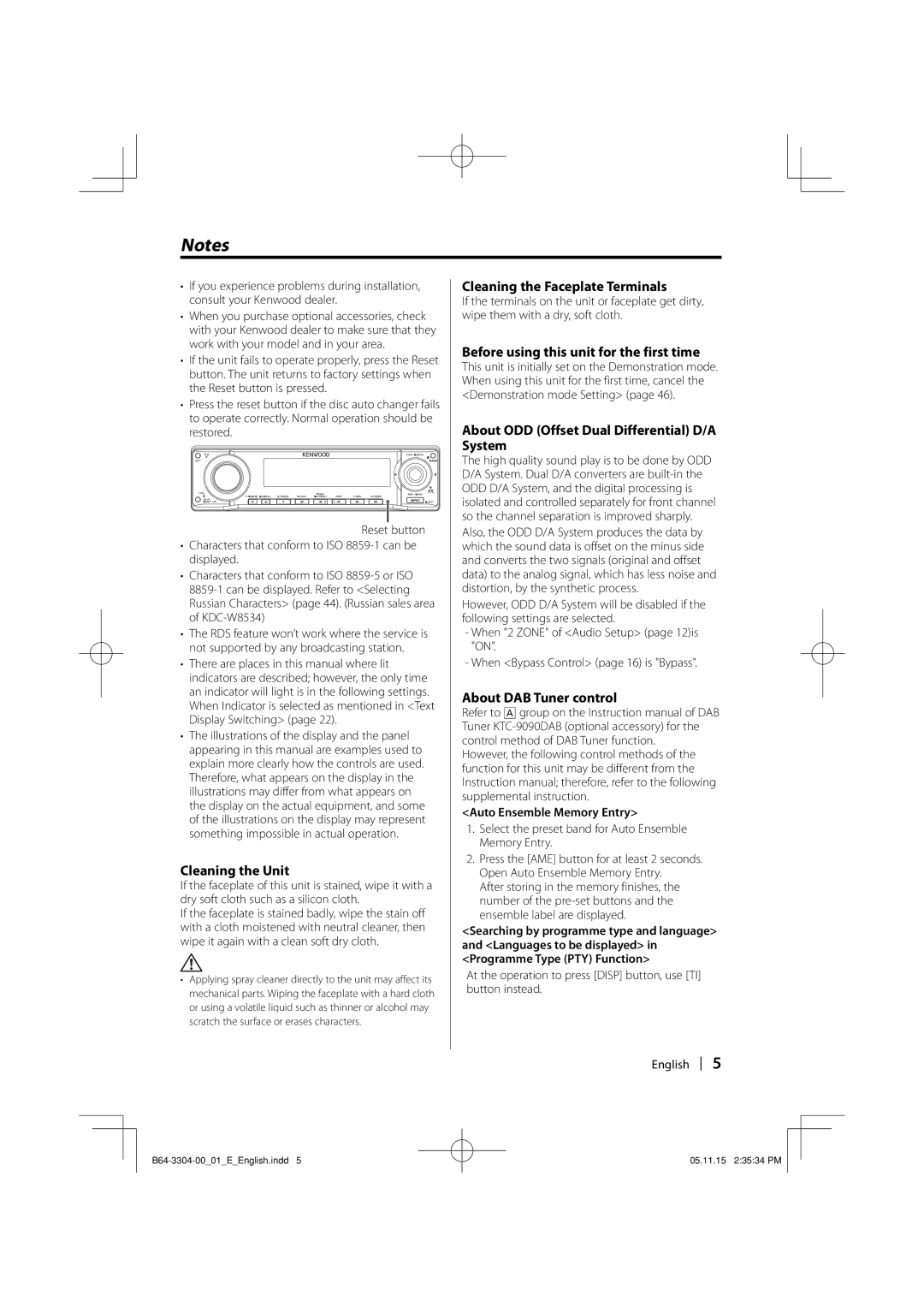 Dolby Laboratories KDC-W8534 Cleaning the Unit, Cleaning the Faceplate Terminals, About DAB Tuner control 