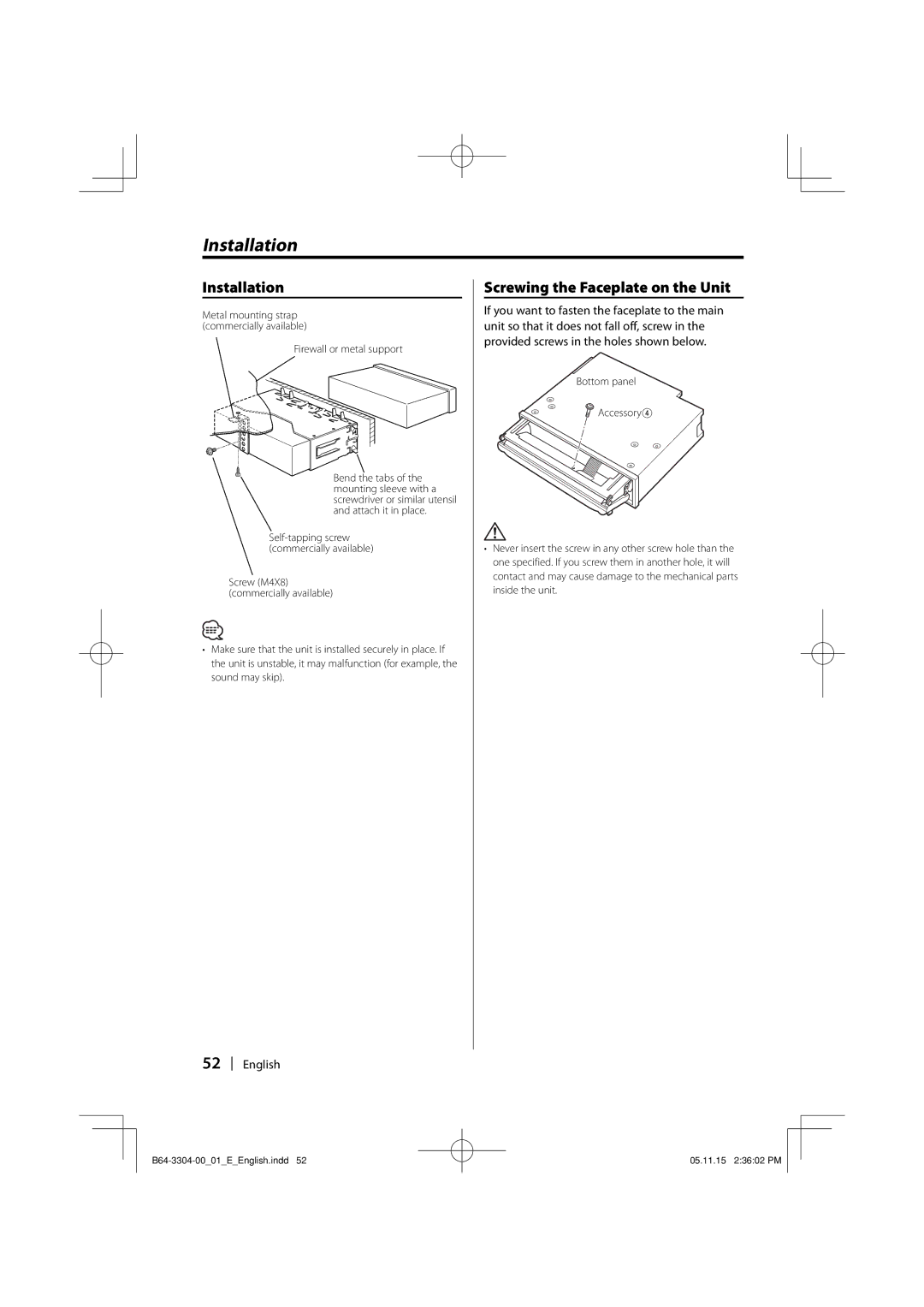 Dolby Laboratories KDC-W8534 instruction manual Installation, Screwing the Faceplate on the Unit, Firewall or metal support 