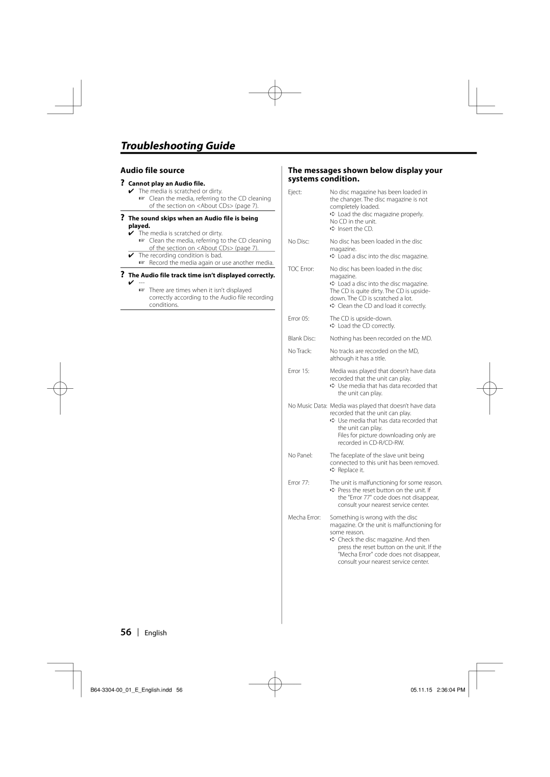 Dolby Laboratories KDC-W8534 instruction manual Audio file source, Messages shown below display your systems condition 