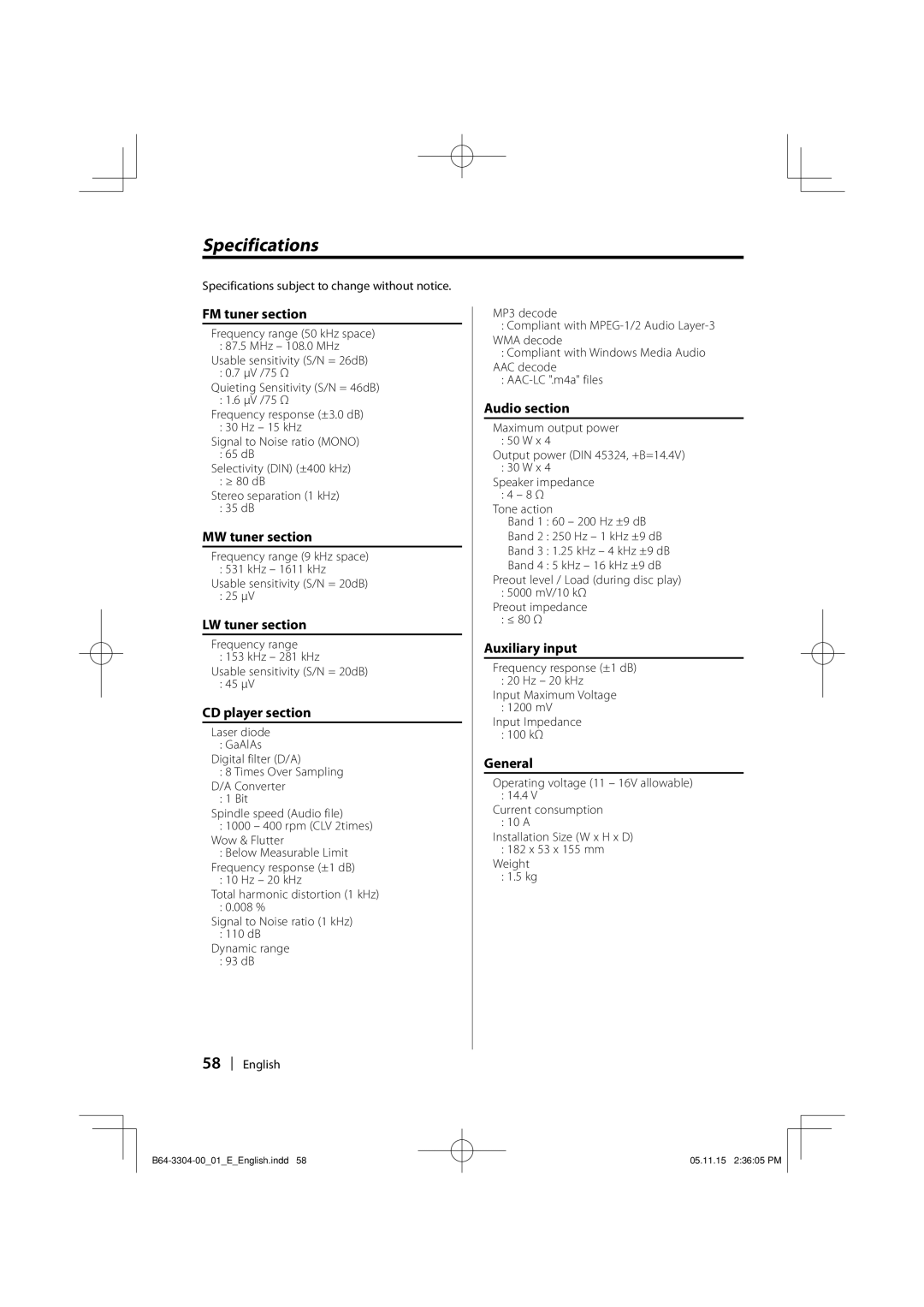 Dolby Laboratories KDC-W8534 instruction manual Specifications 